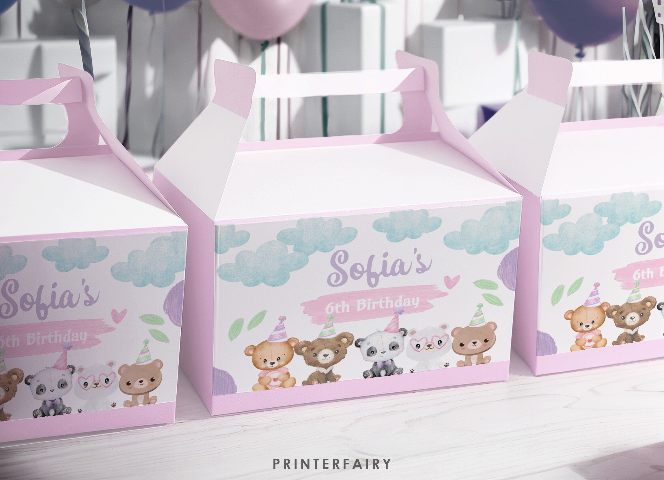 Bear Birthday Party Favor Gable Box Label Editable Template, INSTANT DOWNLOAD