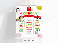 Farm First Birthday Milestone Board, Barnyard Animals Sign (Editable Digital)