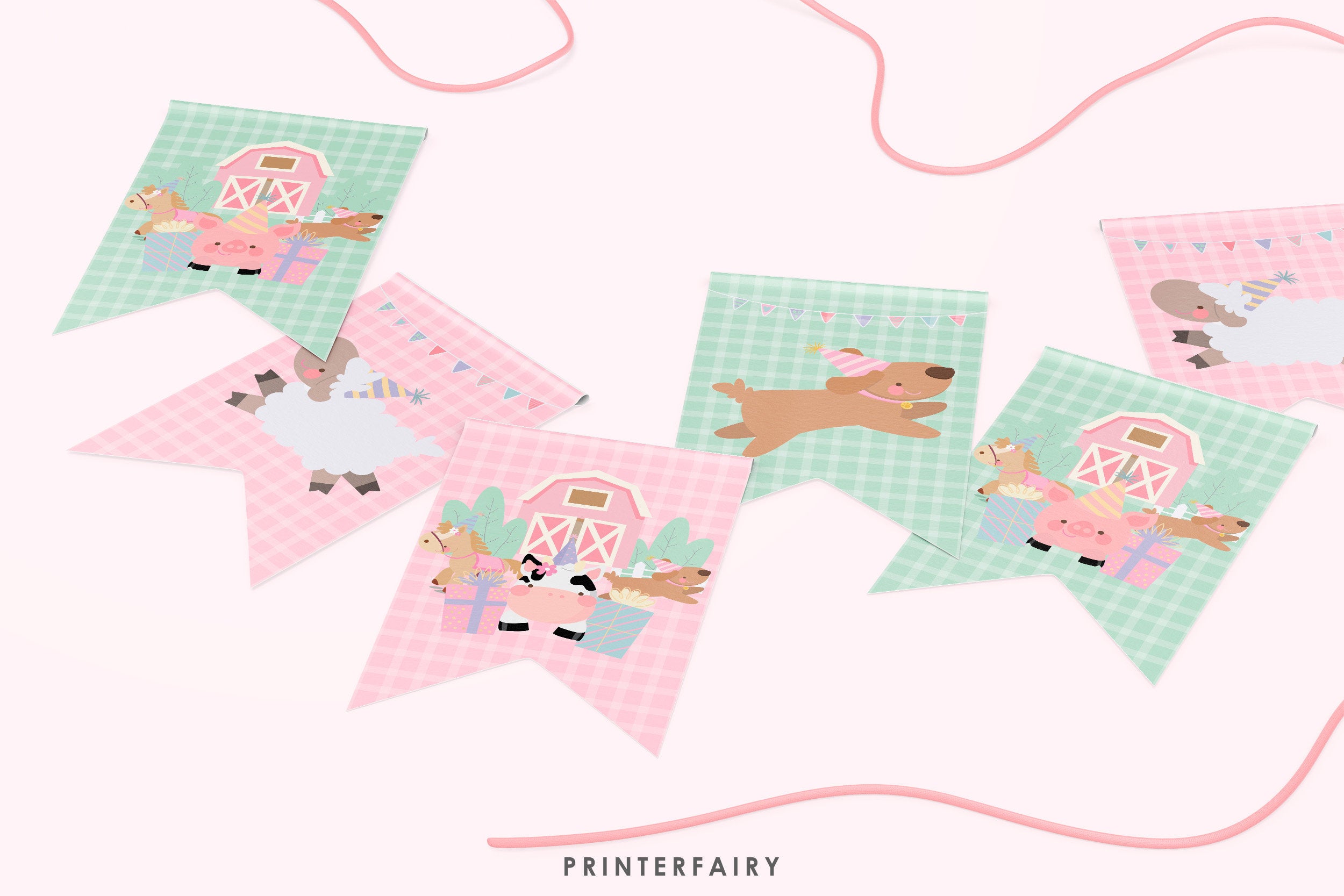 Farm Birthday Banner, Pink Barnyard Animals, Editable Flags (Digital Download)
