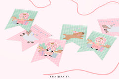 Farm Birthday Banner, Pink Barnyard Animals, Editable Flags (Digital Download)
