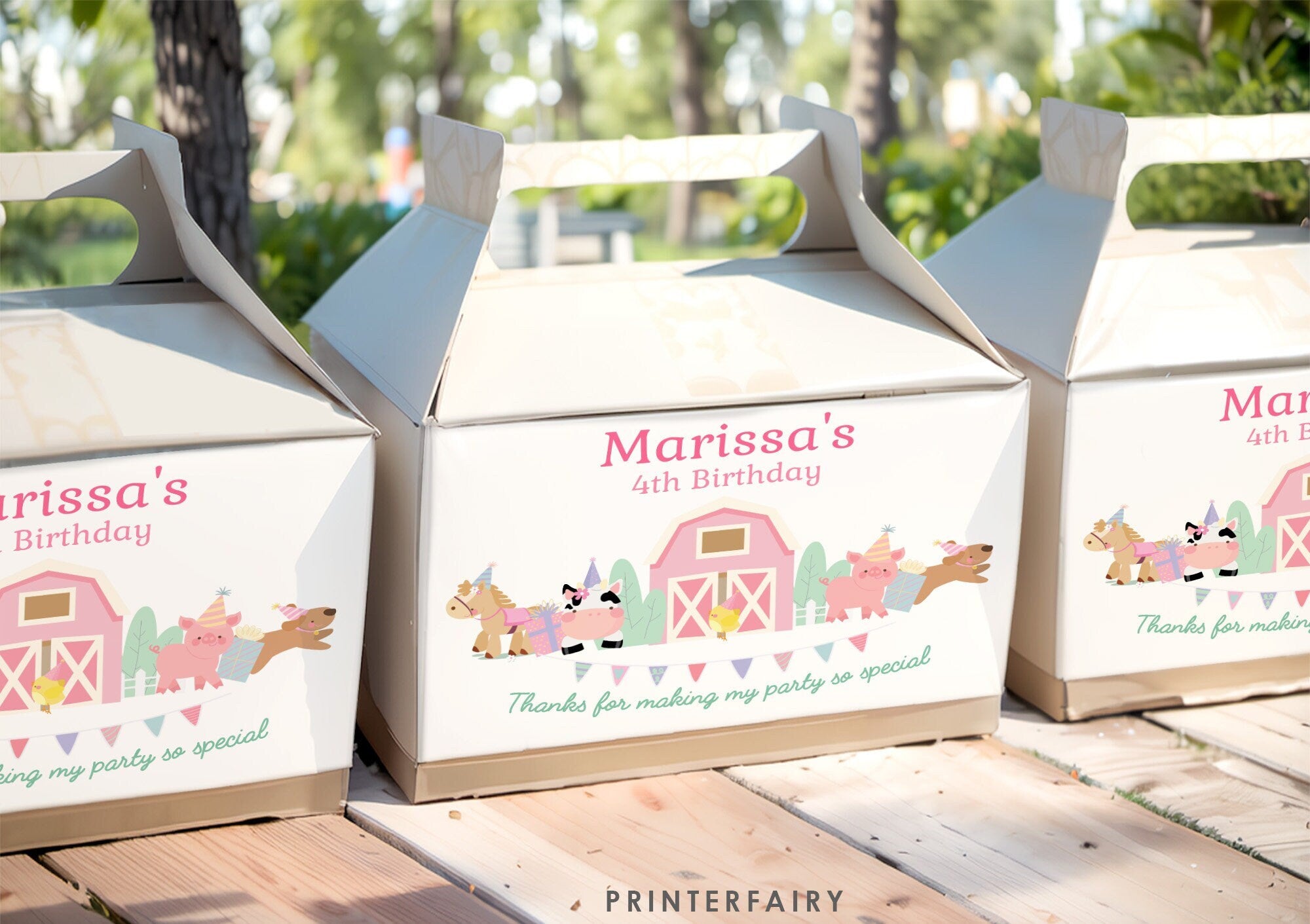 Farm Birthday Party Favor Box Label, Pink Barnyard Animals (Editable Template Download)