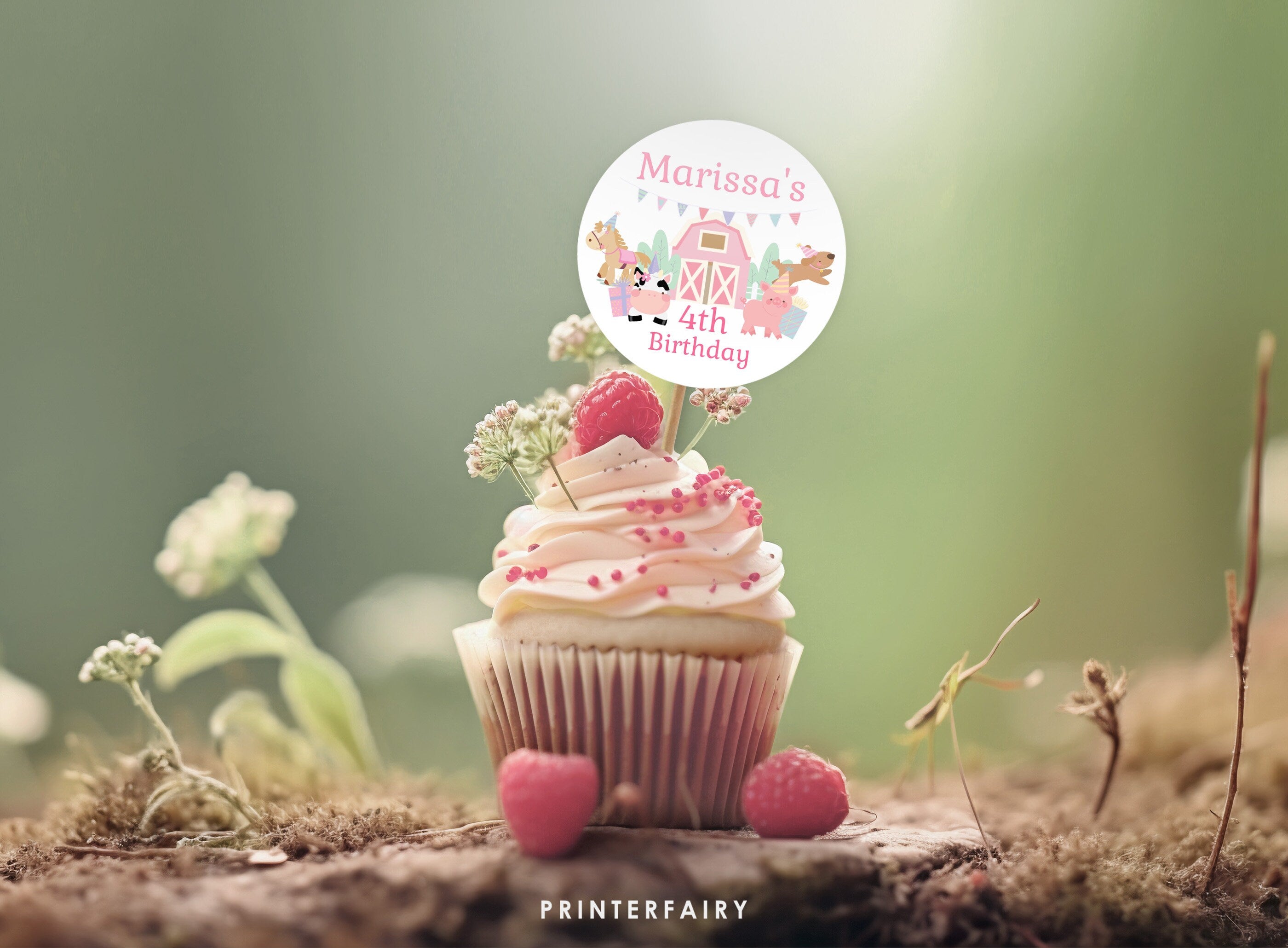 Farm Birthday Party Cupcake Toppers, Girl Barnyard Animals (Digital Download)