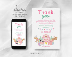 Farm Birthday Thank You Card, Pink Barn, Animals (Instant Download)