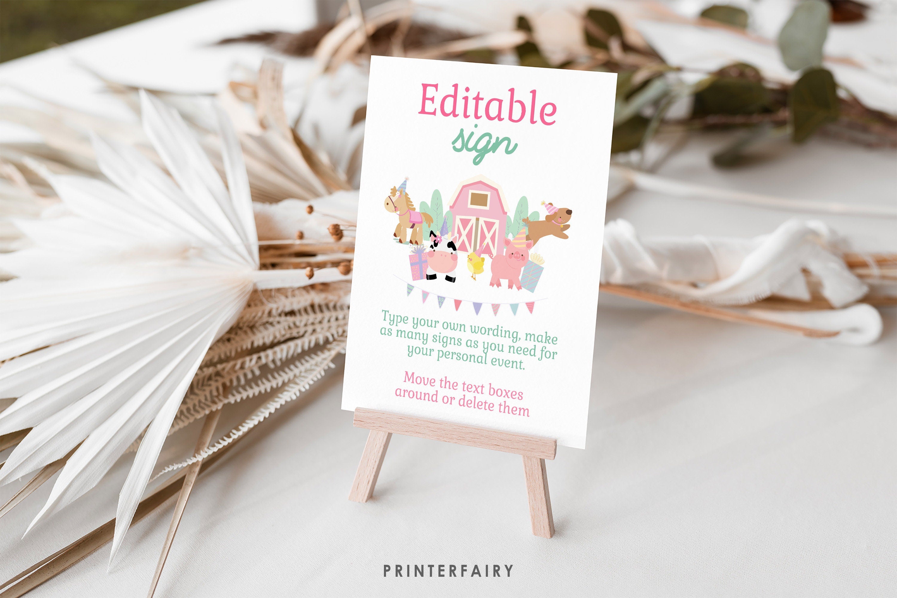 Farm Birthday Sign, Cute Animals, Pink Barnyard Party (Editable Digital Download)
