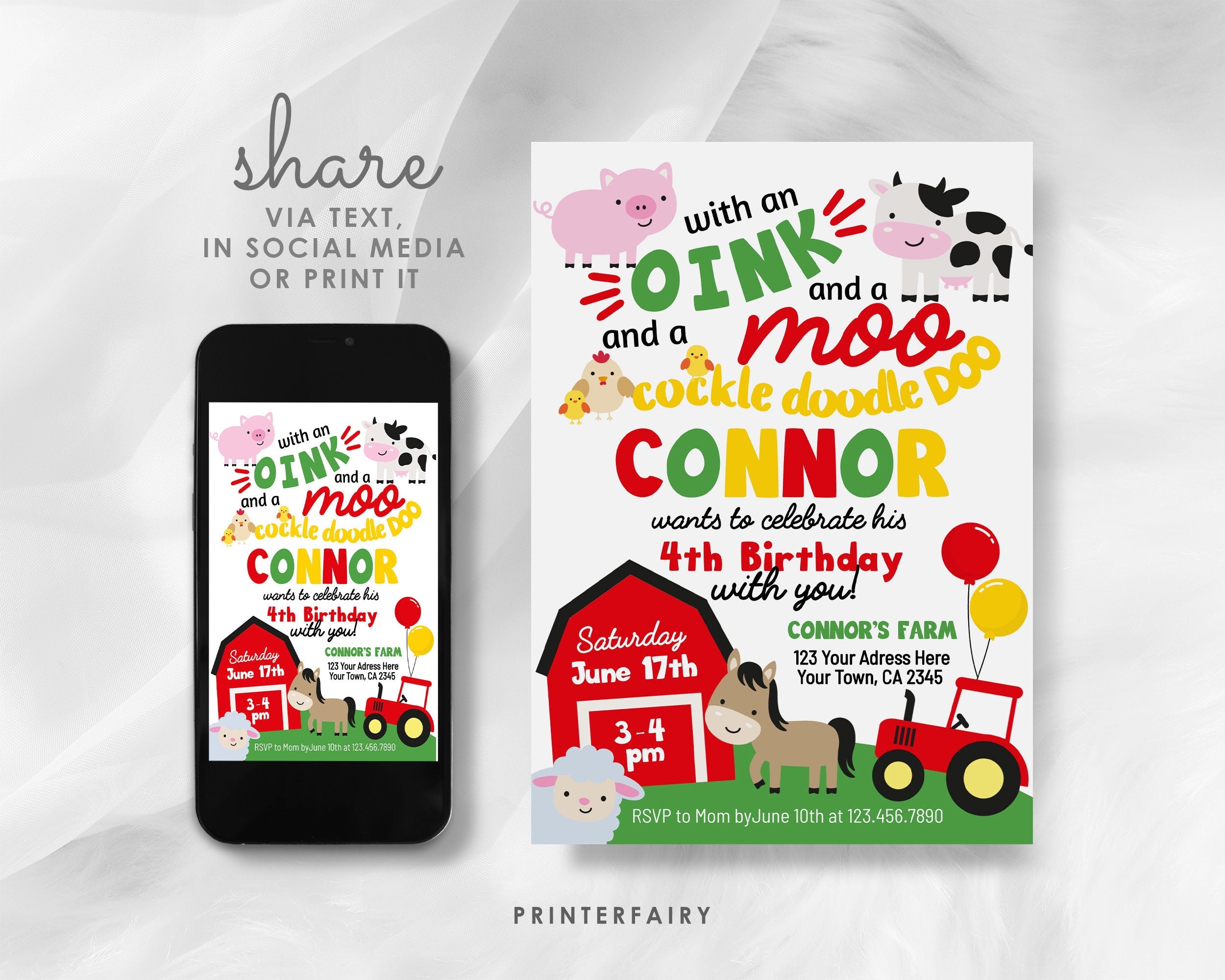 Farm Animals Birthday Invitation, Editable Barnyard Party (Instant Download)