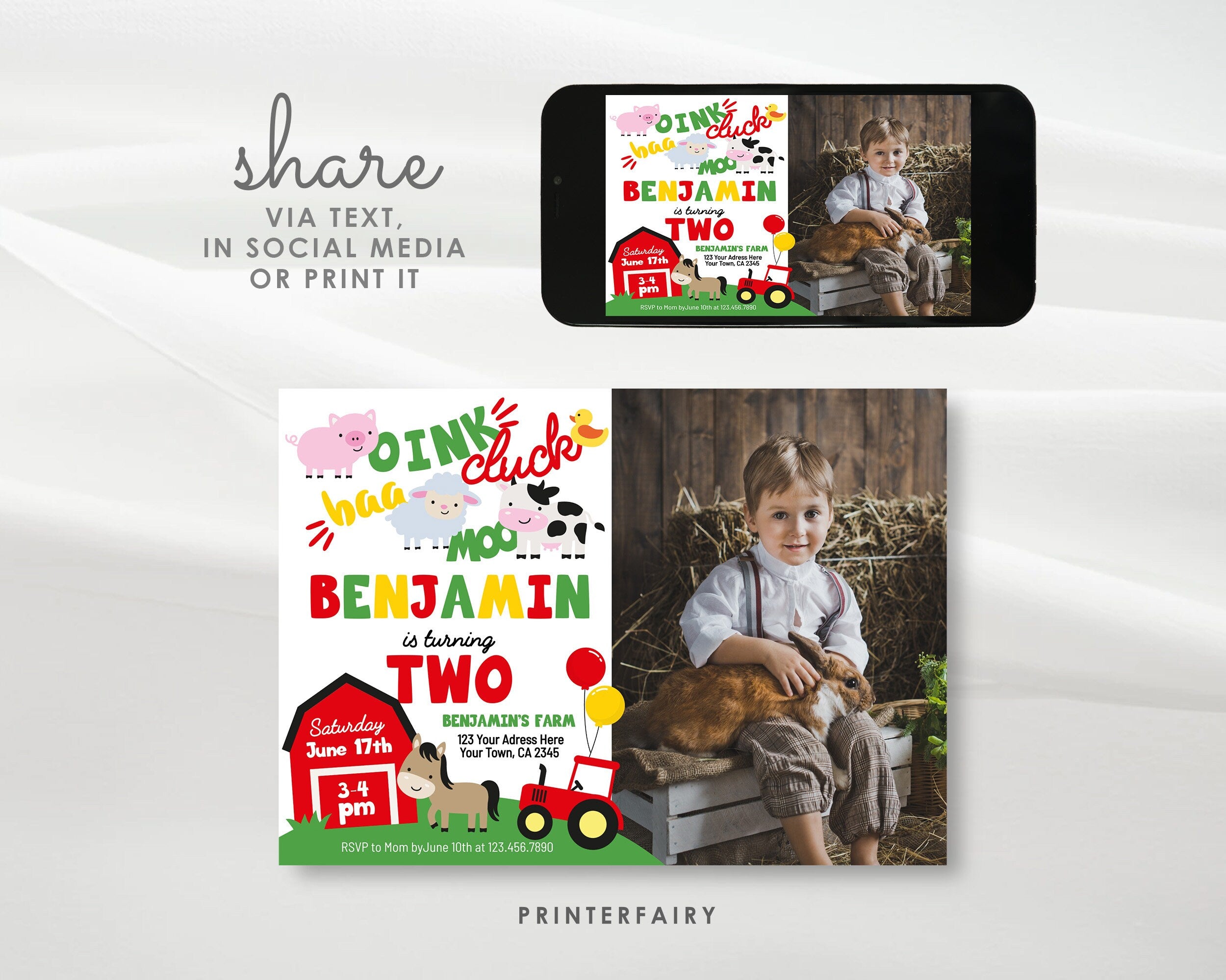 Farm Animals Birthday Invitation, Barnyard 2nd Birthday, Editable Template (Digital Download)