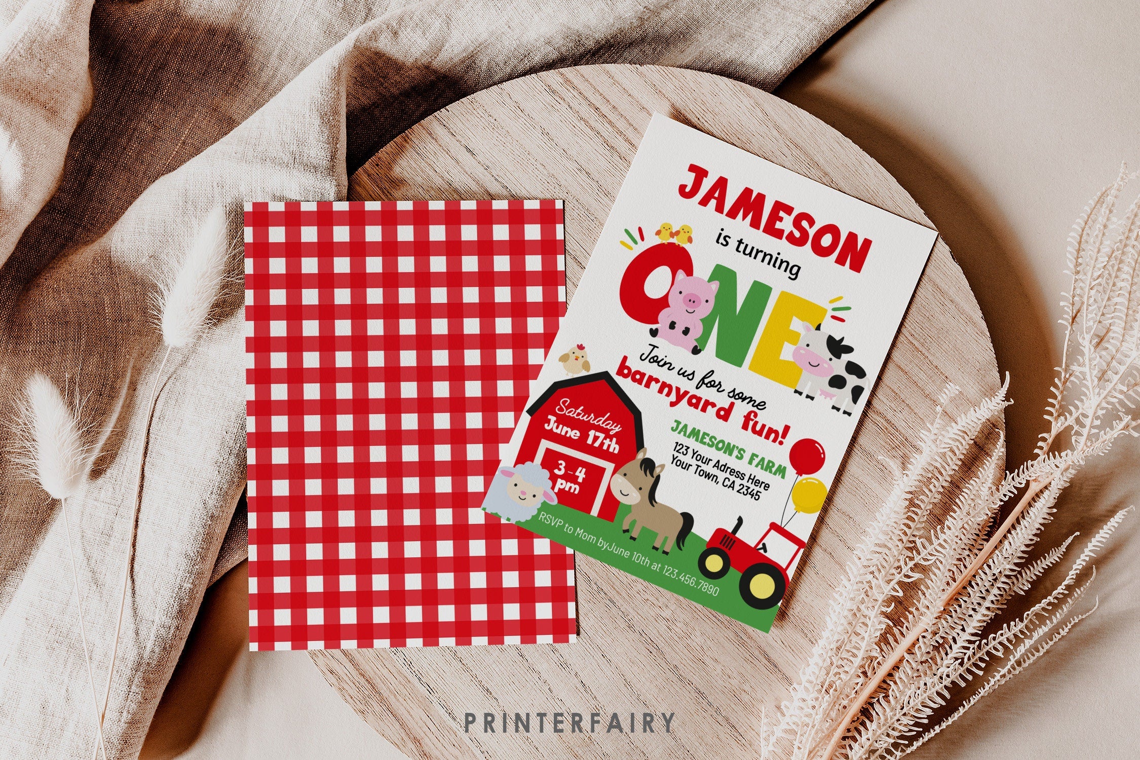 Farm Animals 1st Birthday Invitation Template (Digital Download)