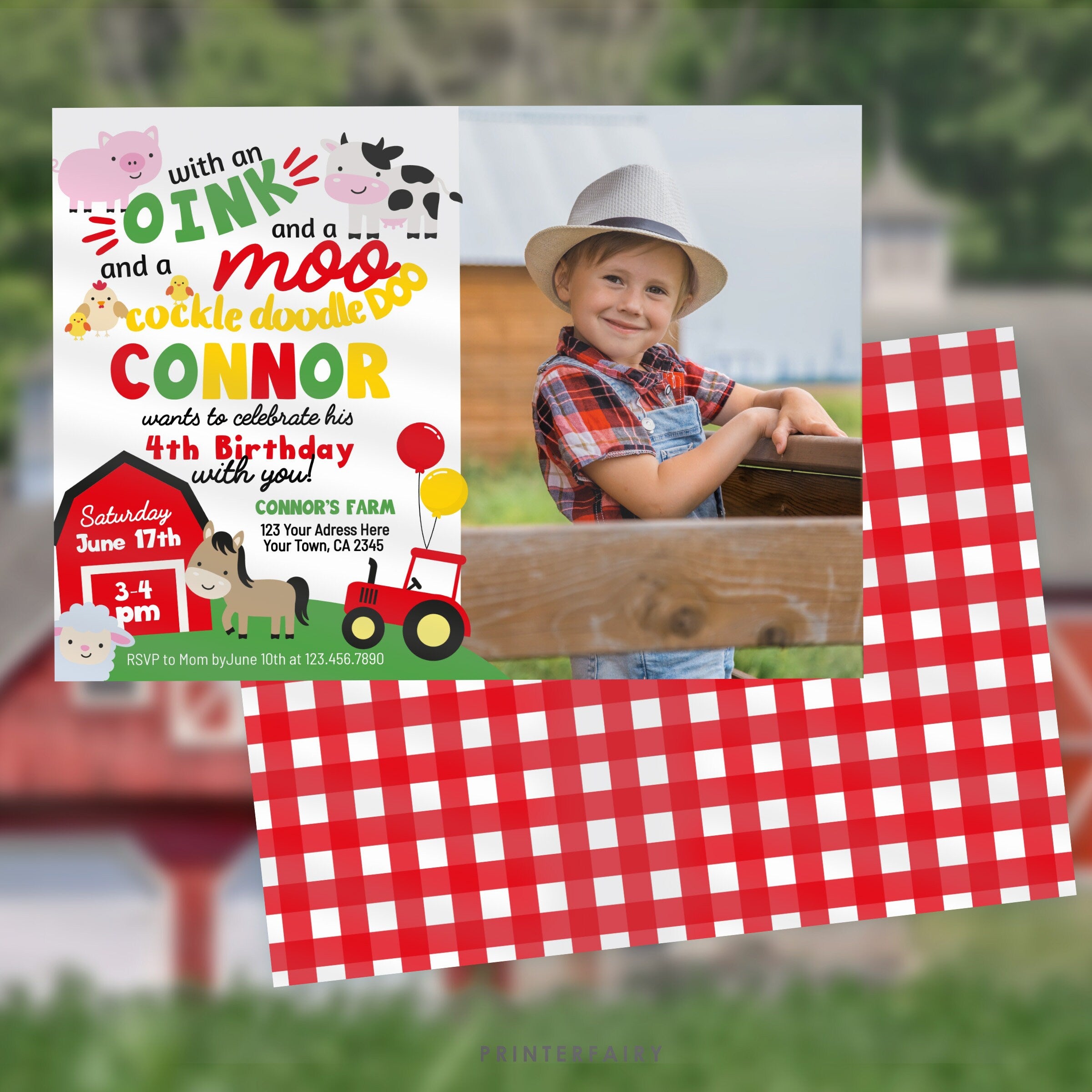 Farm Animals Birthday Invitation with Photo, Editable Template (Digital Download)