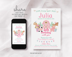 Farm Animals Birthday Invitation, Pink Barnyard Party (Editable Template, Digital Download)