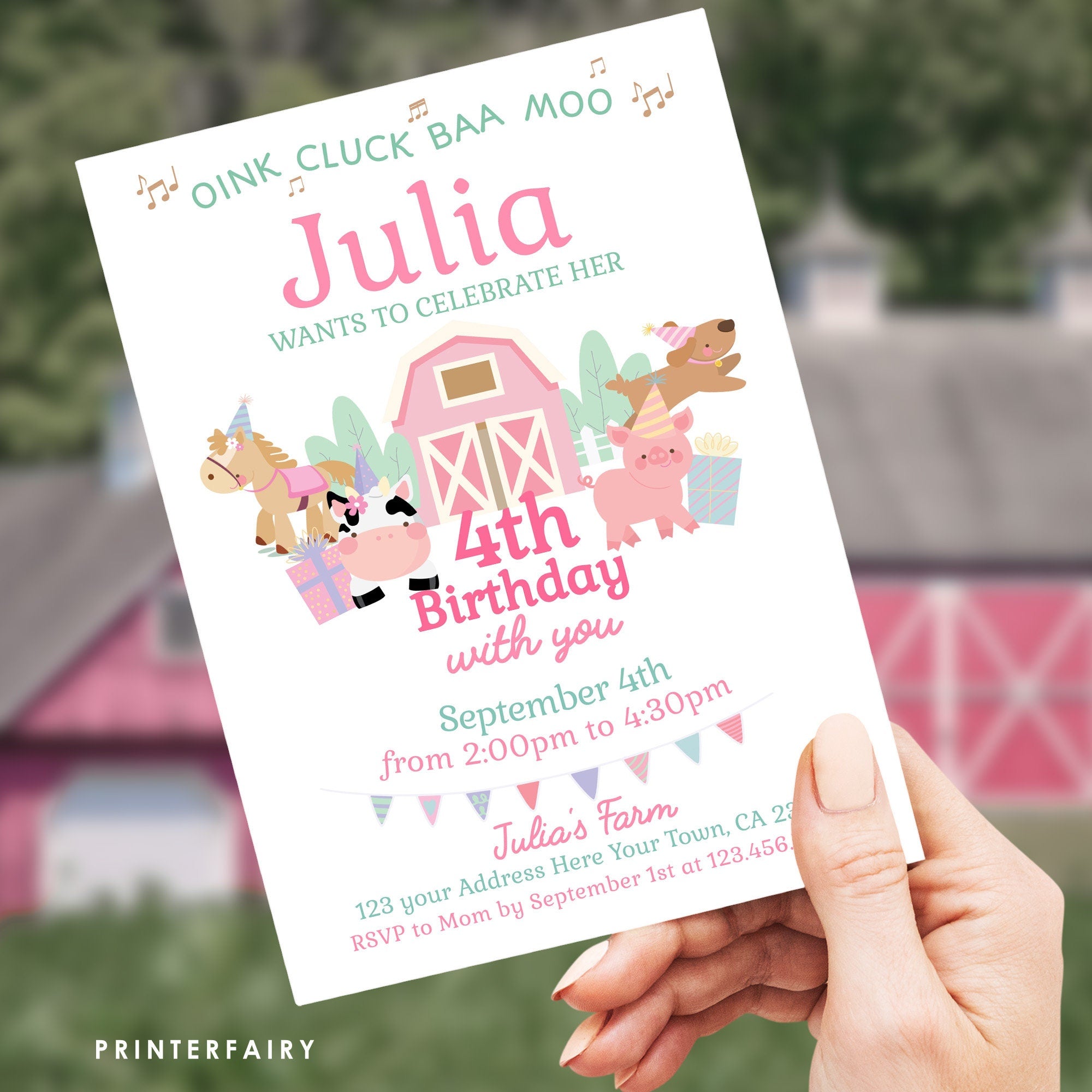 Farm Animals Birthday Invitation, Pink Barnyard Party (Editable Template, Digital Download)