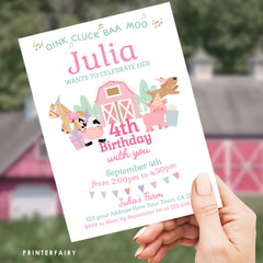 Farm Animals Birthday Invitation, Pink Barnyard Party (Editable Template, Digital Download)