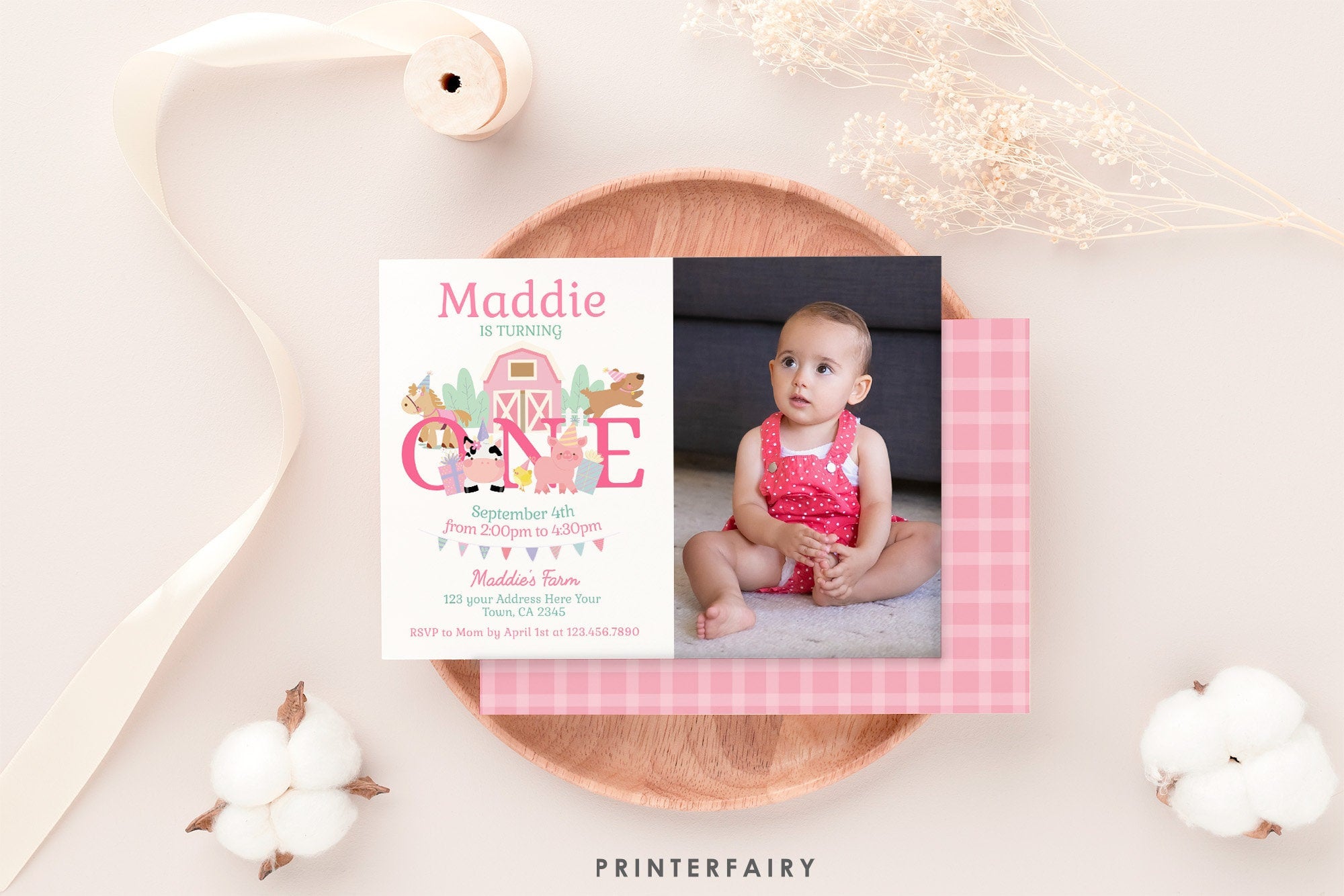 Farm 1st Birthday Invitation with Photo, Pink Barnyard Animals (Editable Download)