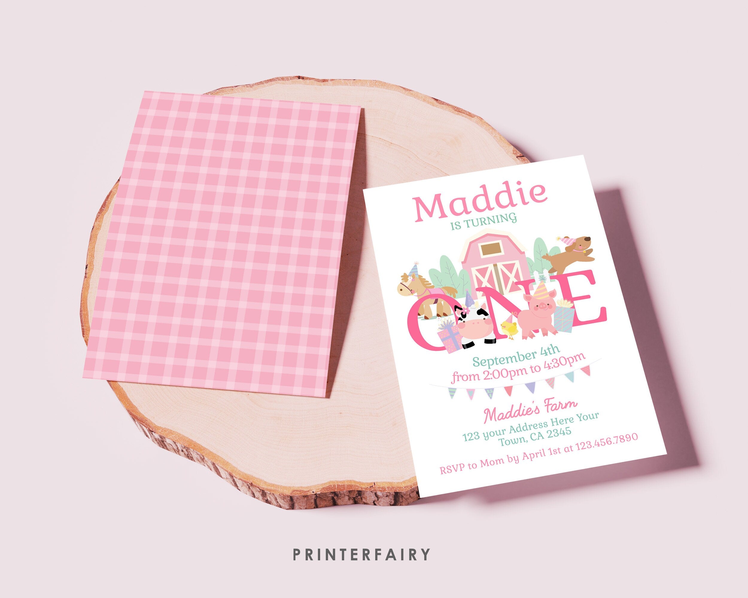 Farm Animals First Birthday Invitation, Pink Barnyard (Editable, Digital Download)