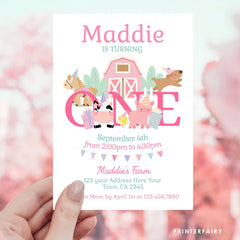 Farm Animals First Birthday Invitation, Pink Barnyard (Editable, Digital Download)