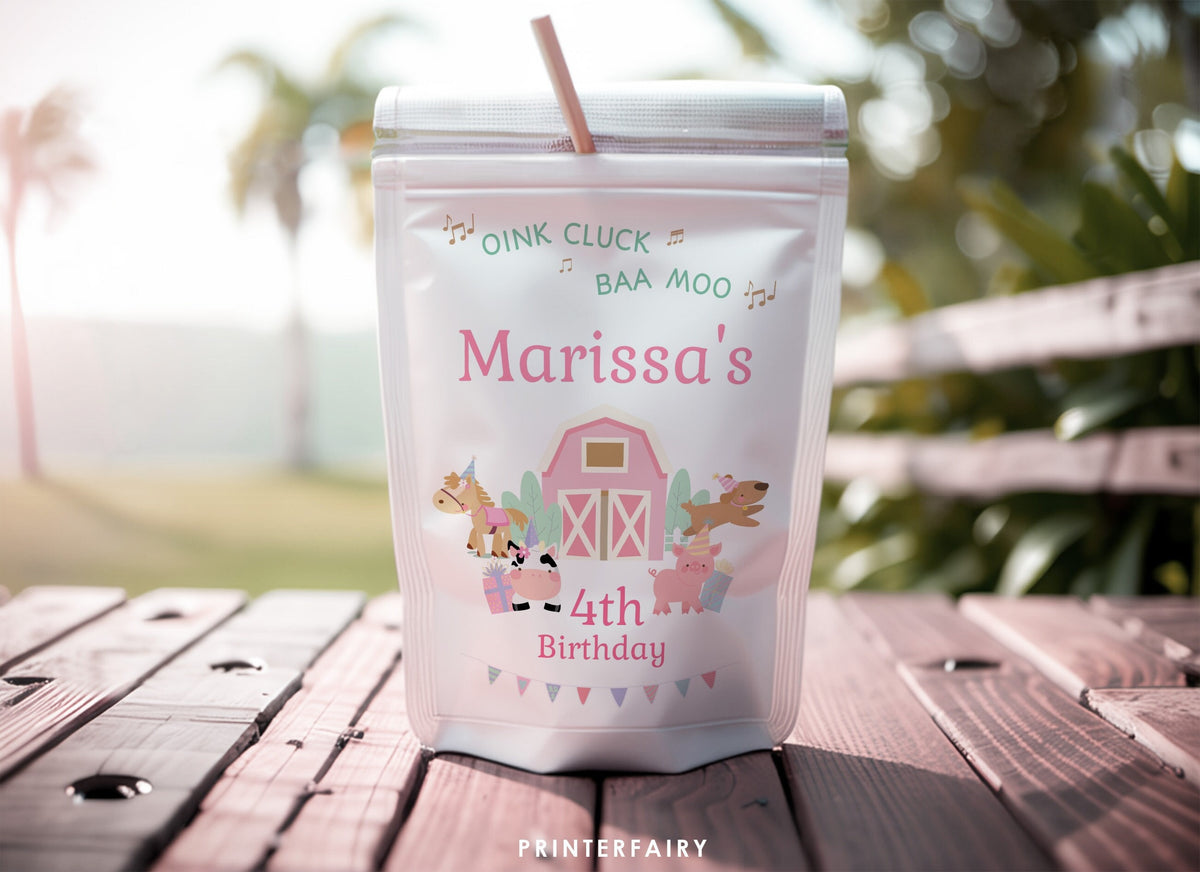 Farm Birthday Drink Pouch Label, Pink Barnyard Animals (Editable Template Download)