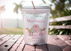 Farm Birthday Drink Pouch Label, Pink Barnyard Animals (Editable Template Download)