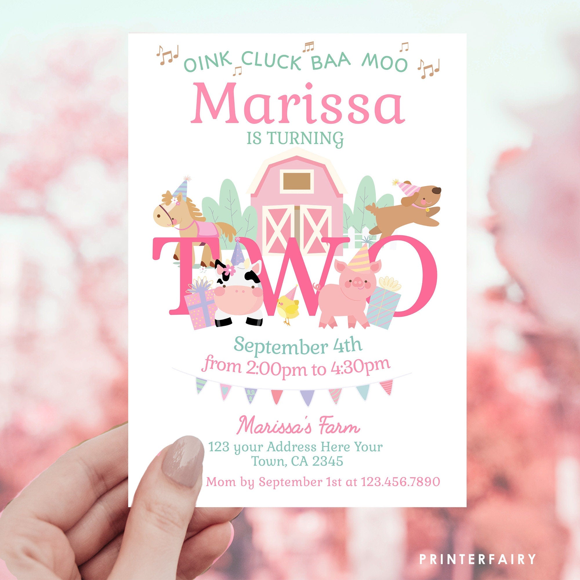 Farm Animals Second Birthday Invitation, Pink Barnyard, Editable Template (Digital Download)