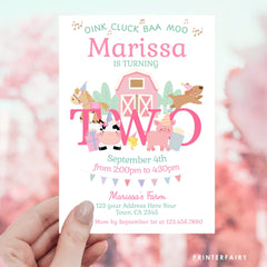 Farm Animals Second Birthday Invitation, Pink Barnyard, Editable Template (Digital Download)