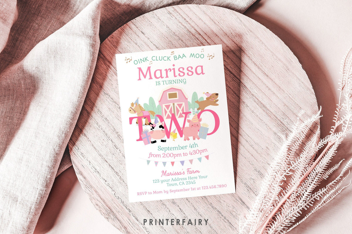 Farm Animals Second Birthday Invitation, Pink Barnyard, Editable Template (Digital Download)