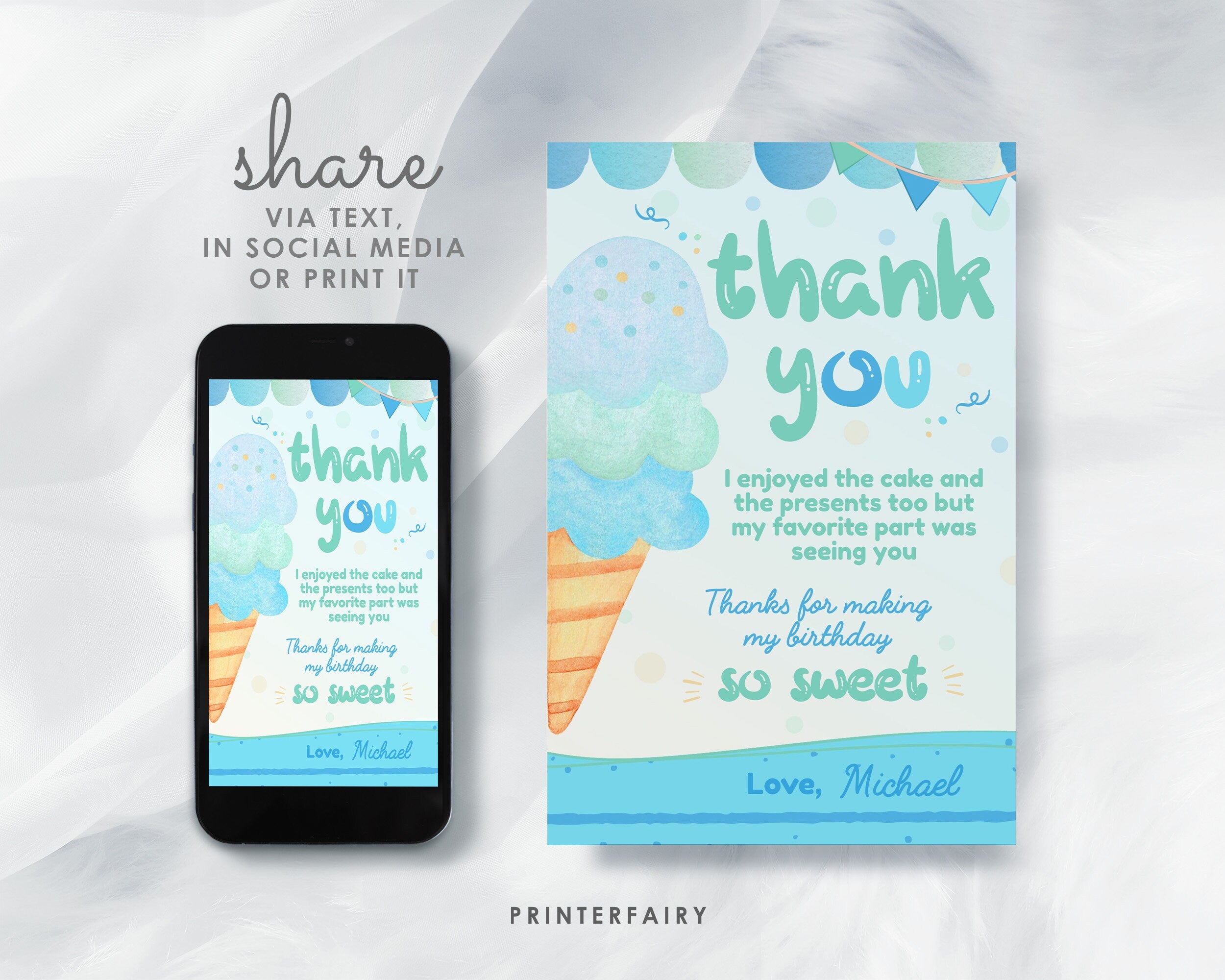 Ice Cream Birthday Thank You Card, EDITABLE (Digital Download)