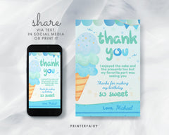Ice Cream Birthday Thank You Card, EDITABLE (Digital Download)