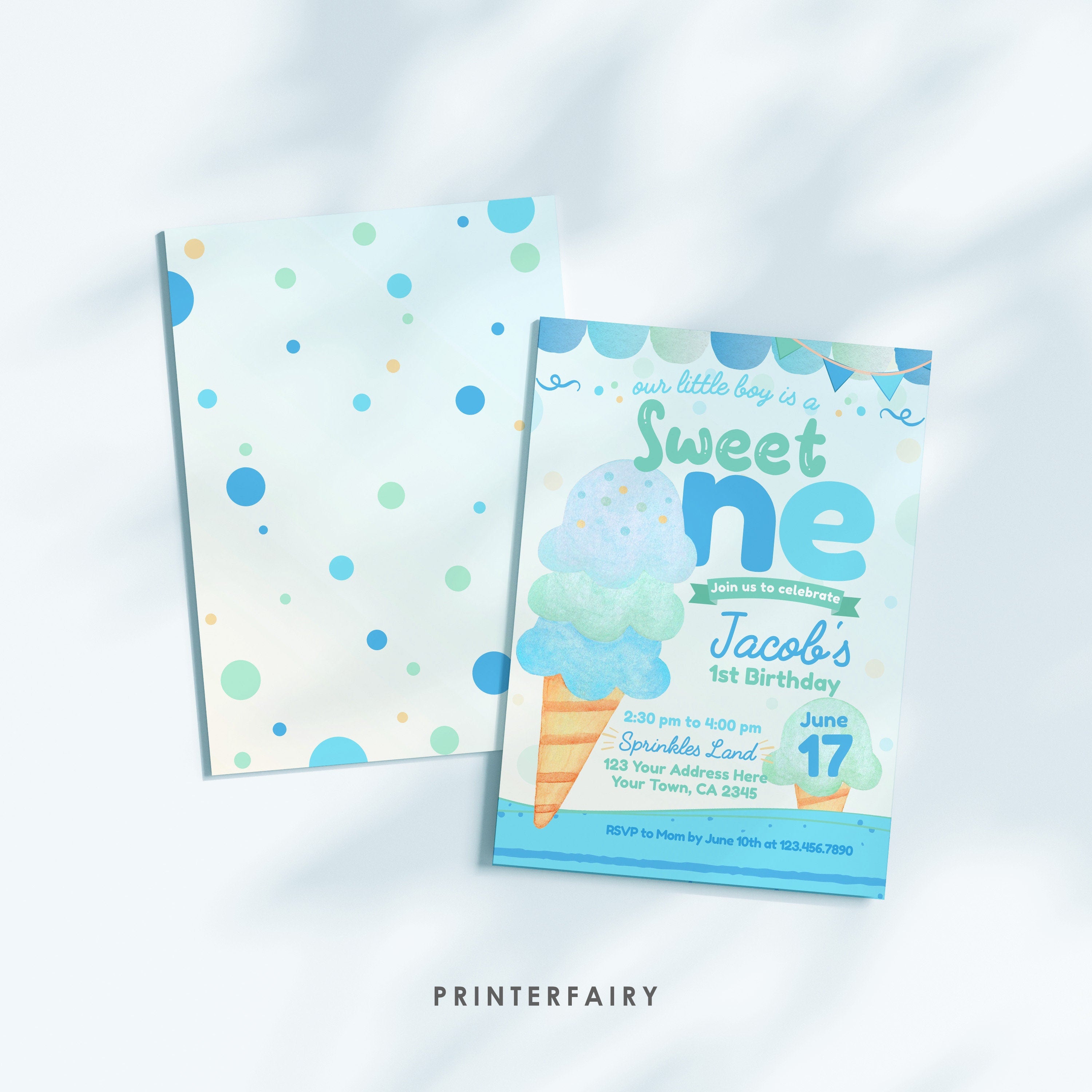Ice Cream First Birthday Invitation, Editable Summer Party (Digital)