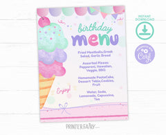Ice Cream Birthday Menu Table Sign, Editable (Digital Download)