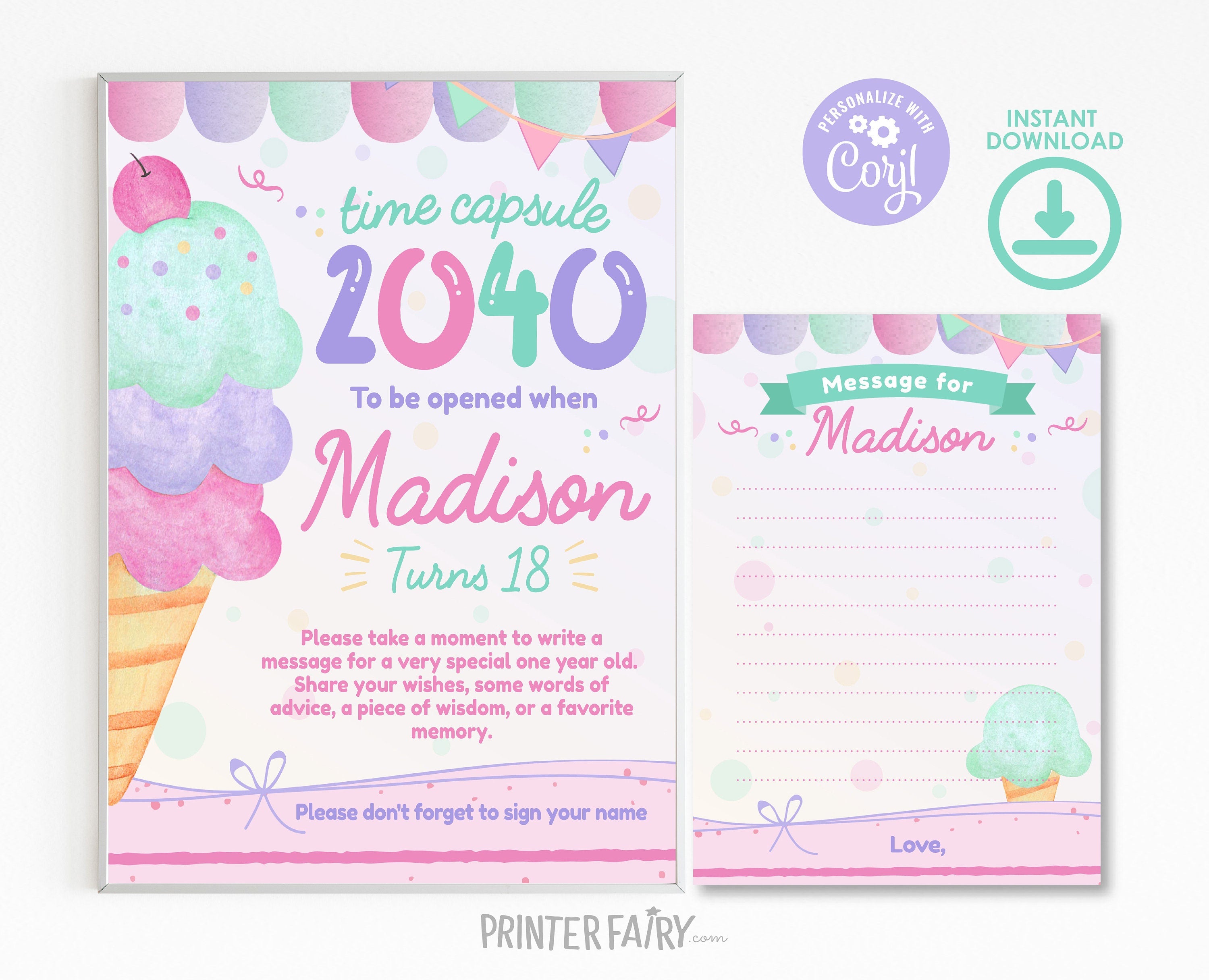 Ice Cream Birthday Time Capsule, EDITABLE (Digital Download)