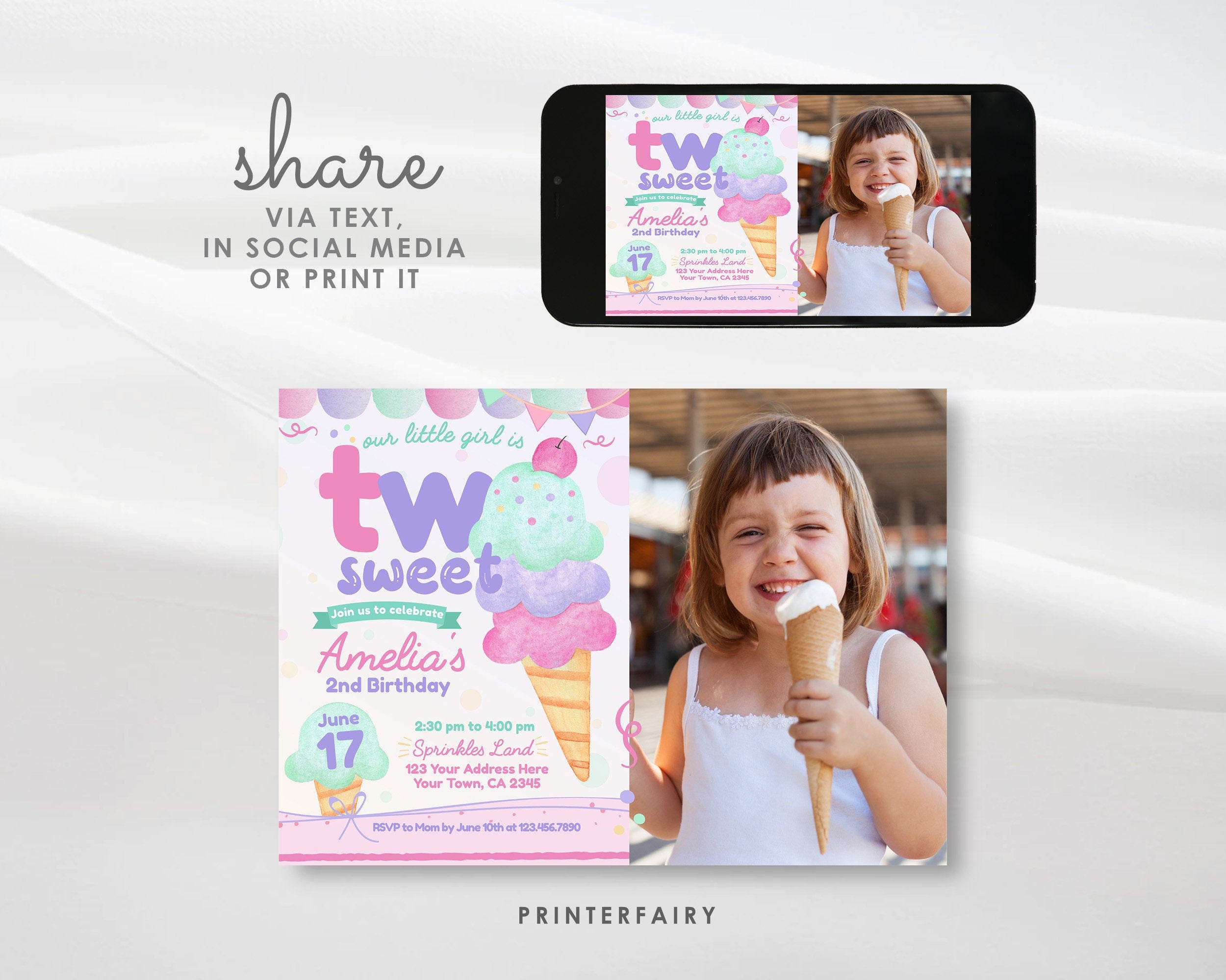 Ice Cream Second Birthday Invitation, Photo Editable Template (Digital Download)