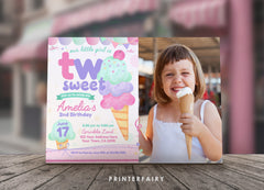 Ice Cream Second Birthday Invitation, Photo Editable Template (Digital Download)
