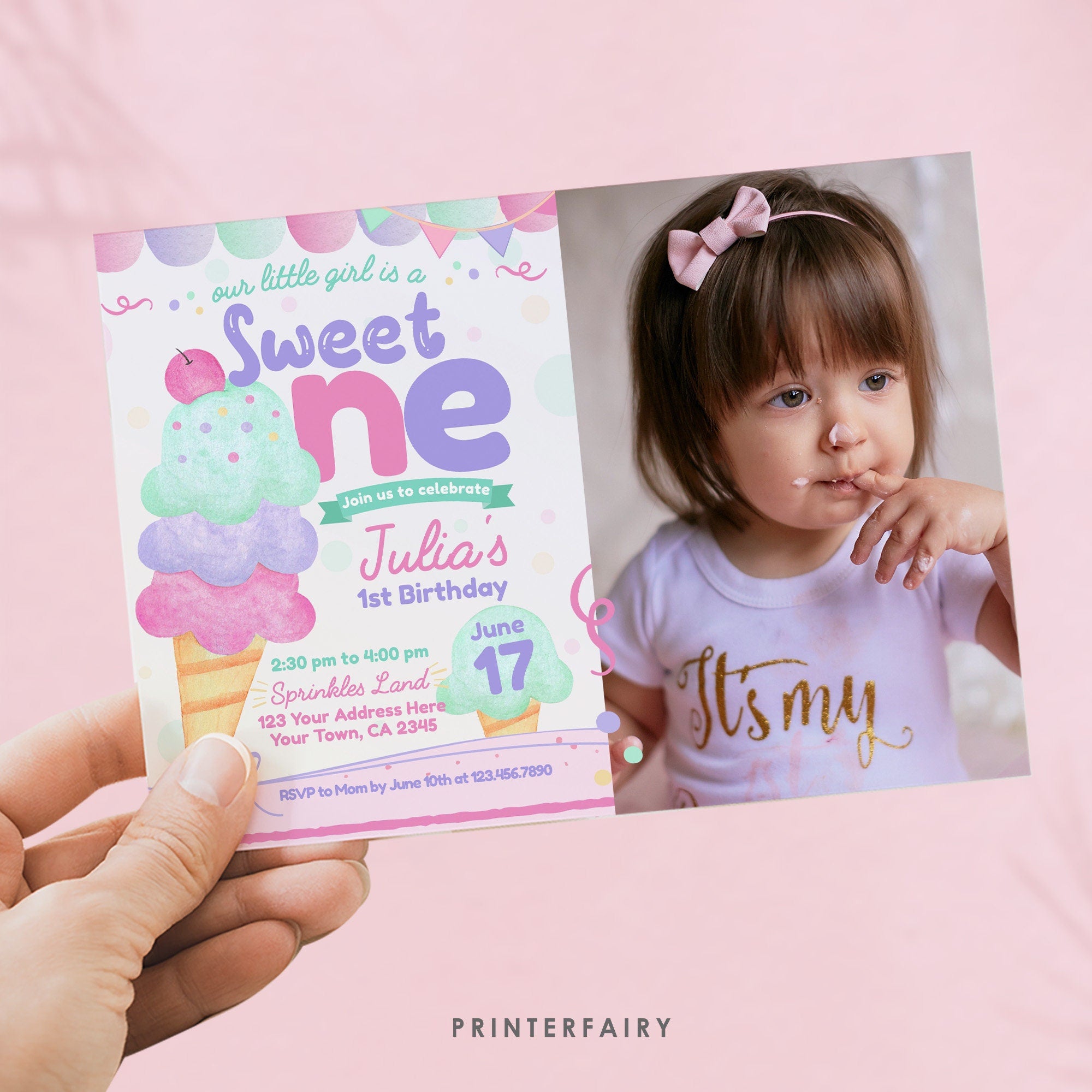 Ice Cream First Birthday Invitation Template with Photo (Digital Download)