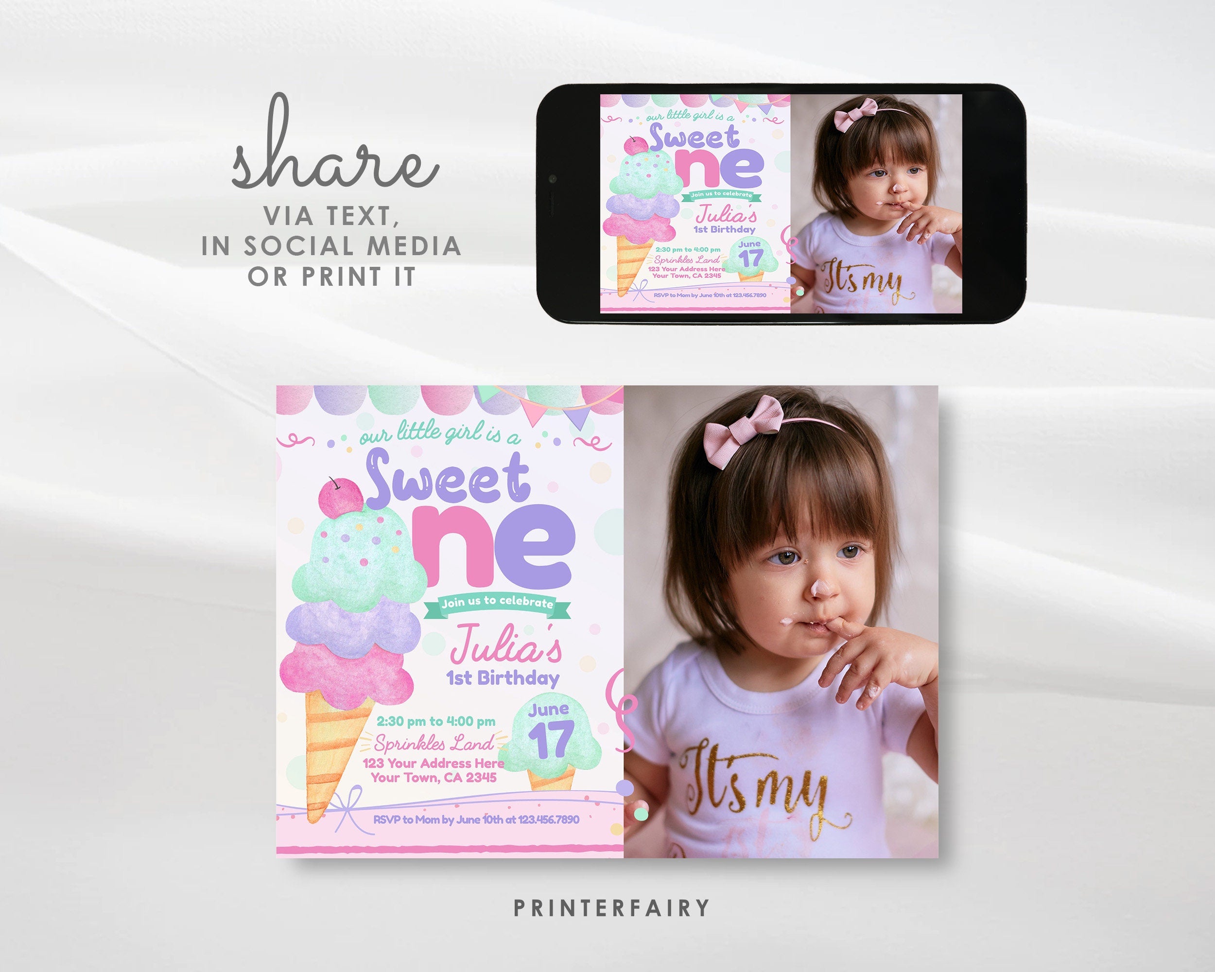 Ice Cream First Birthday Invitation Template with Photo (Digital Download)
