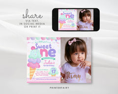 Ice Cream First Birthday Invitation Template with Photo (Digital Download)