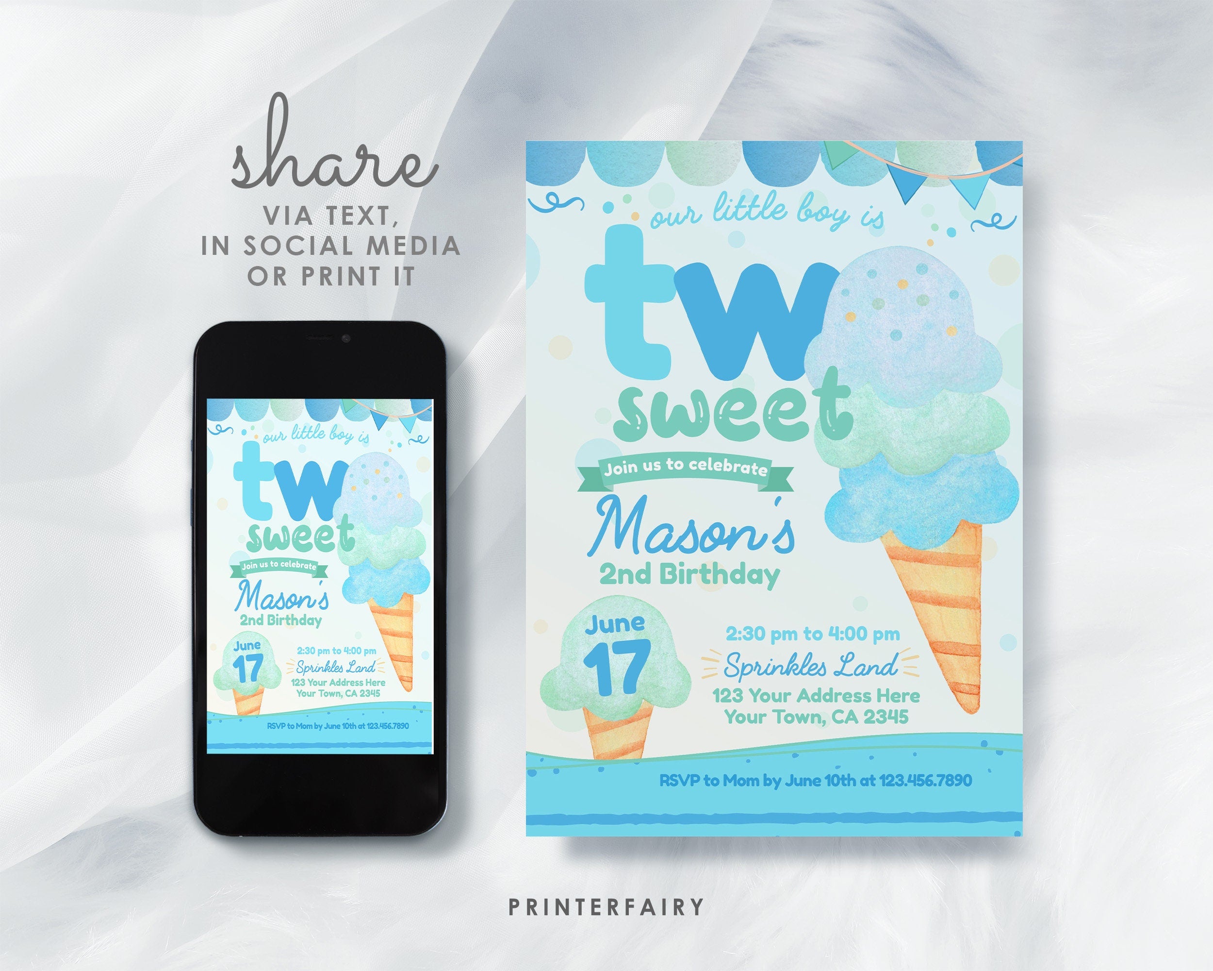 Ice Cream 2nd Birthday Invitation, Editable Summer Party (Digital)