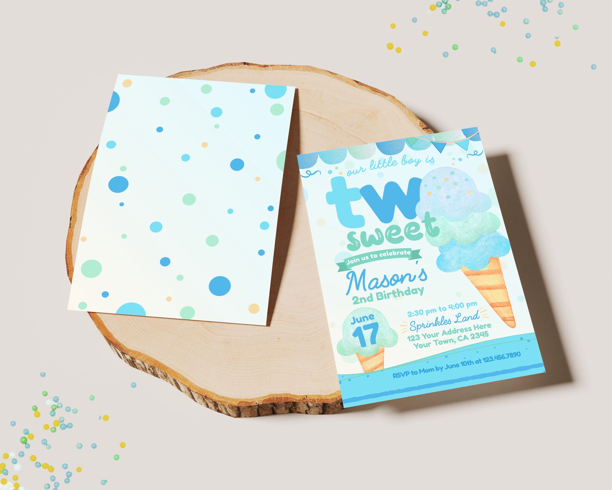 Ice Cream 2nd Birthday Invitation, Editable Summer Party (Digital)