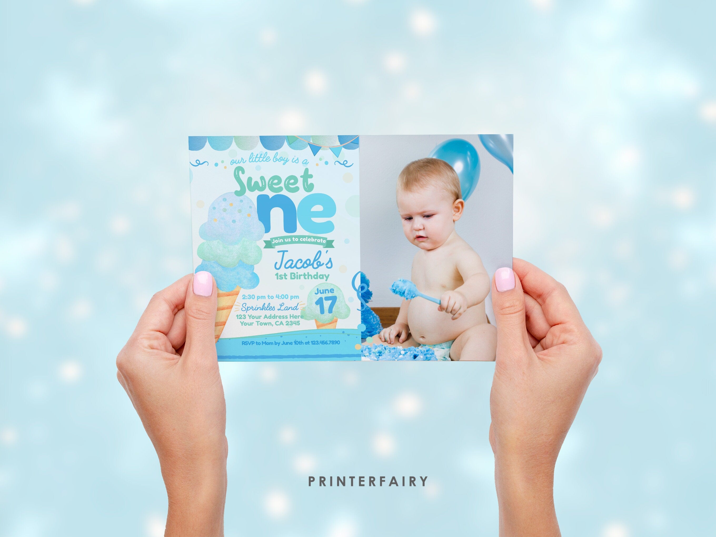 Ice Cream First Birthday Invitation Template, Photo Editable (Instant Download)