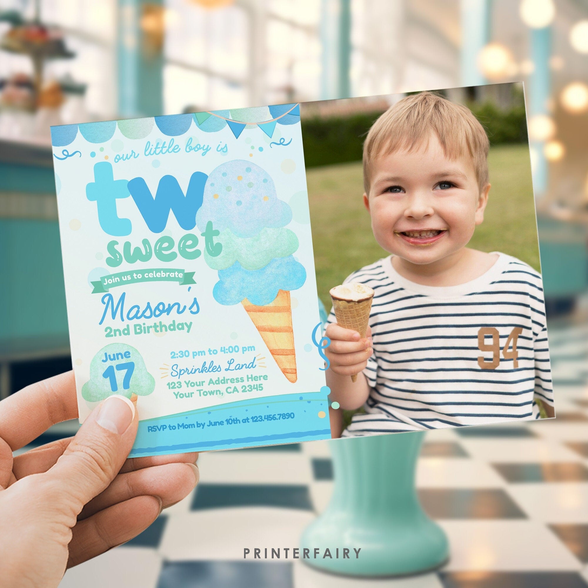 Two Sweet Ice Cream 2nd Birthday Invitation with Photo (Editable Template)
