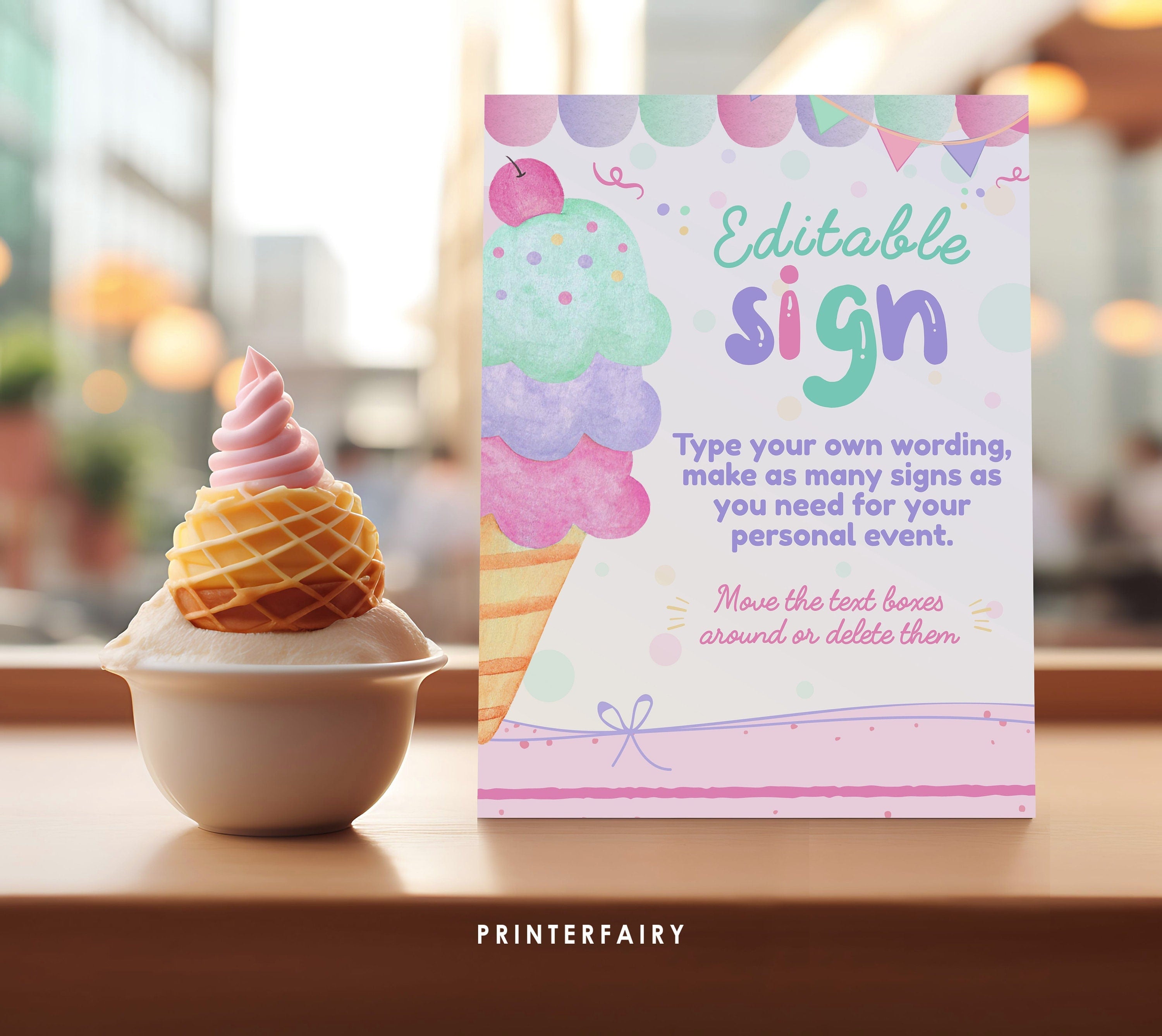 Ice Cream Birthday Editable Sign, 2 sizes included, EDITABLE, Instant Download