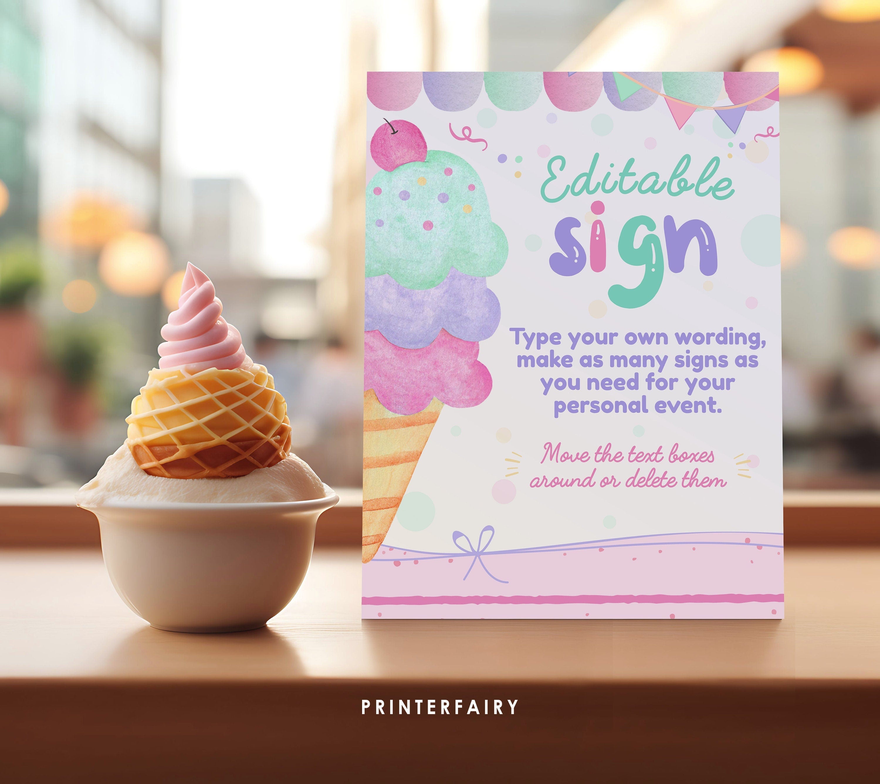 Ice Cream Birthday Editable Sign, 2 sizes included, EDITABLE, Instant Download