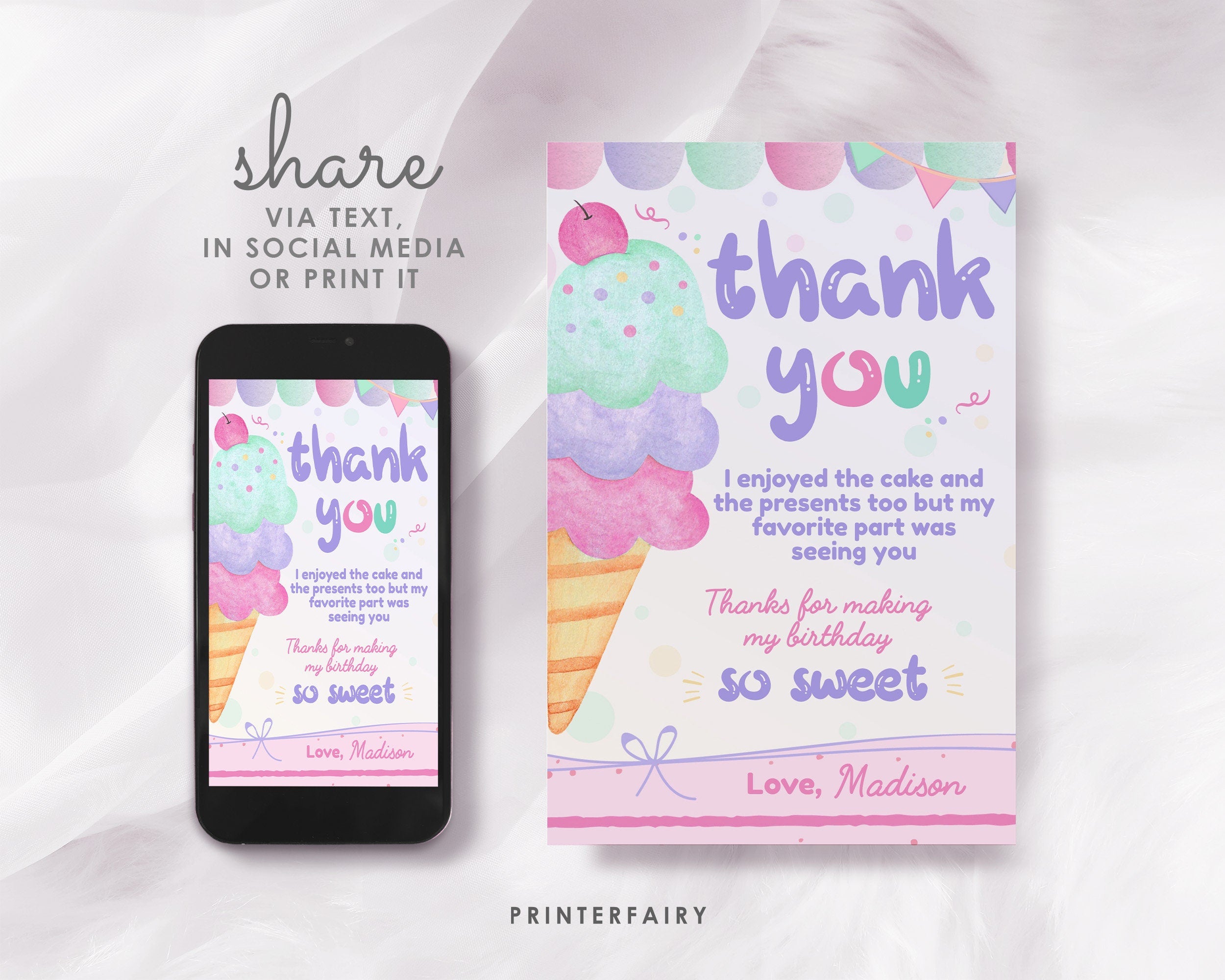 Ice Cream Thank You Card Editable Template (Instant Download)