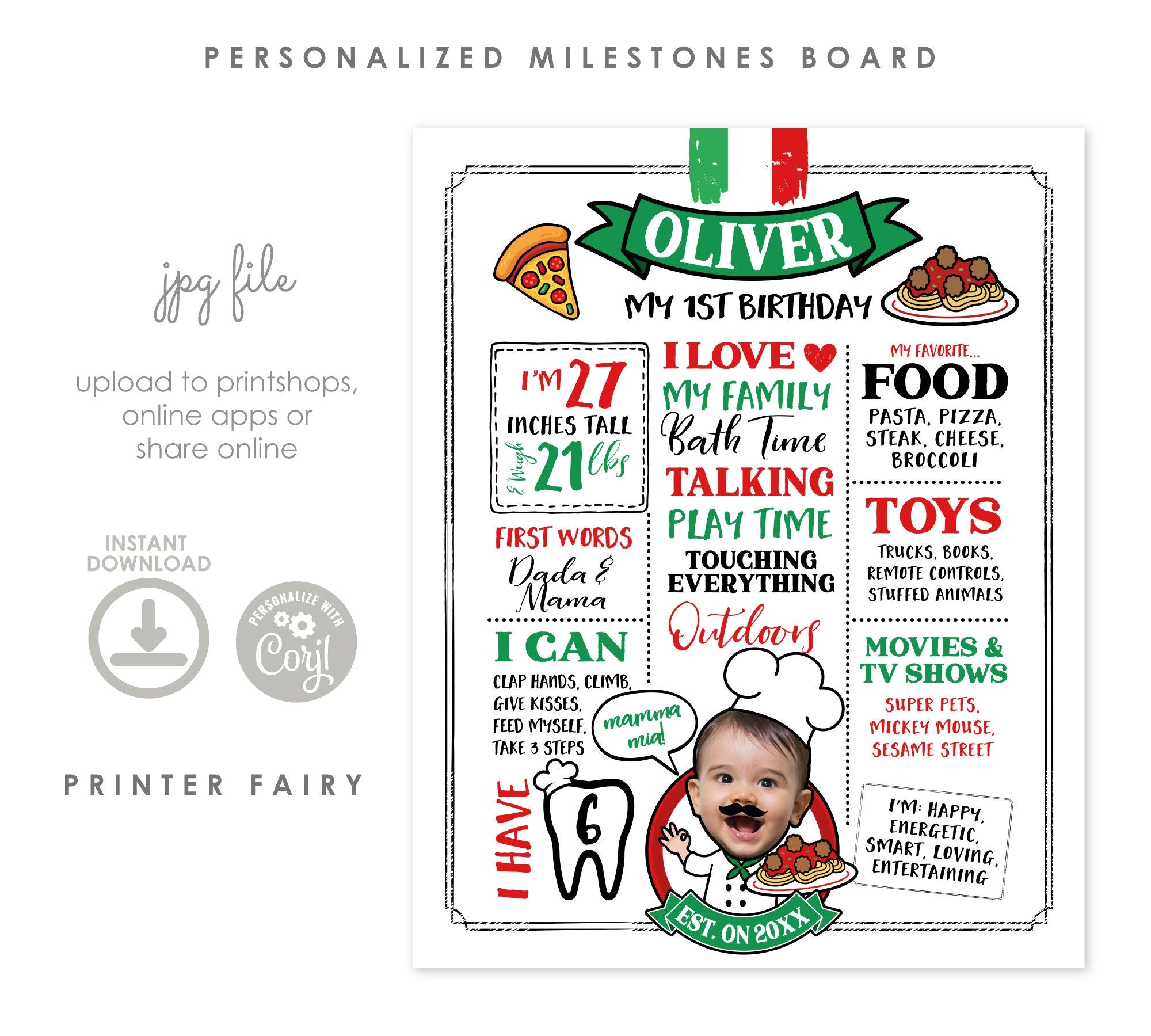 Pasta First Birthday Stats Sign, Pizza Party Decor (Printable)
