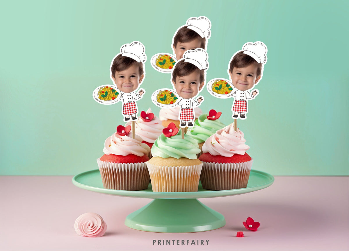 Italian Party Photo Cupcake Toppers, Editable Birthday Stickers (Digital)