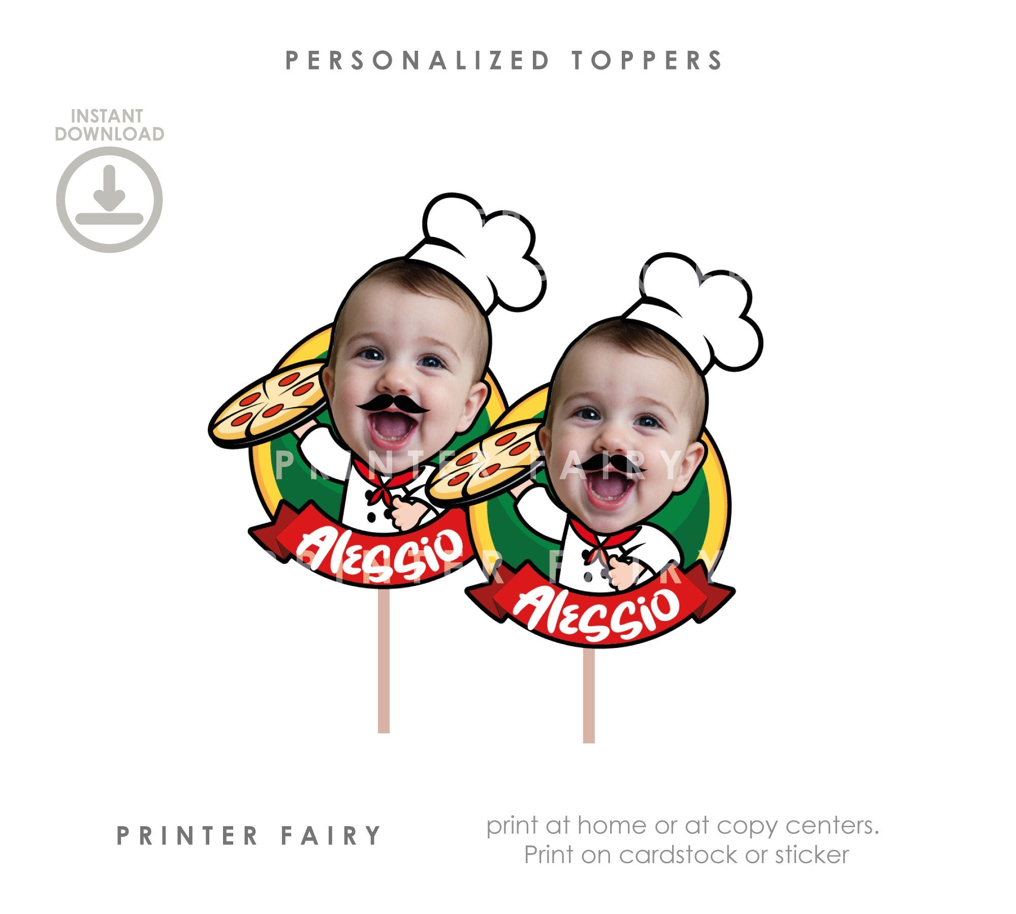 Personalized Pizza Party Toppers or Stickers (Digital File)
