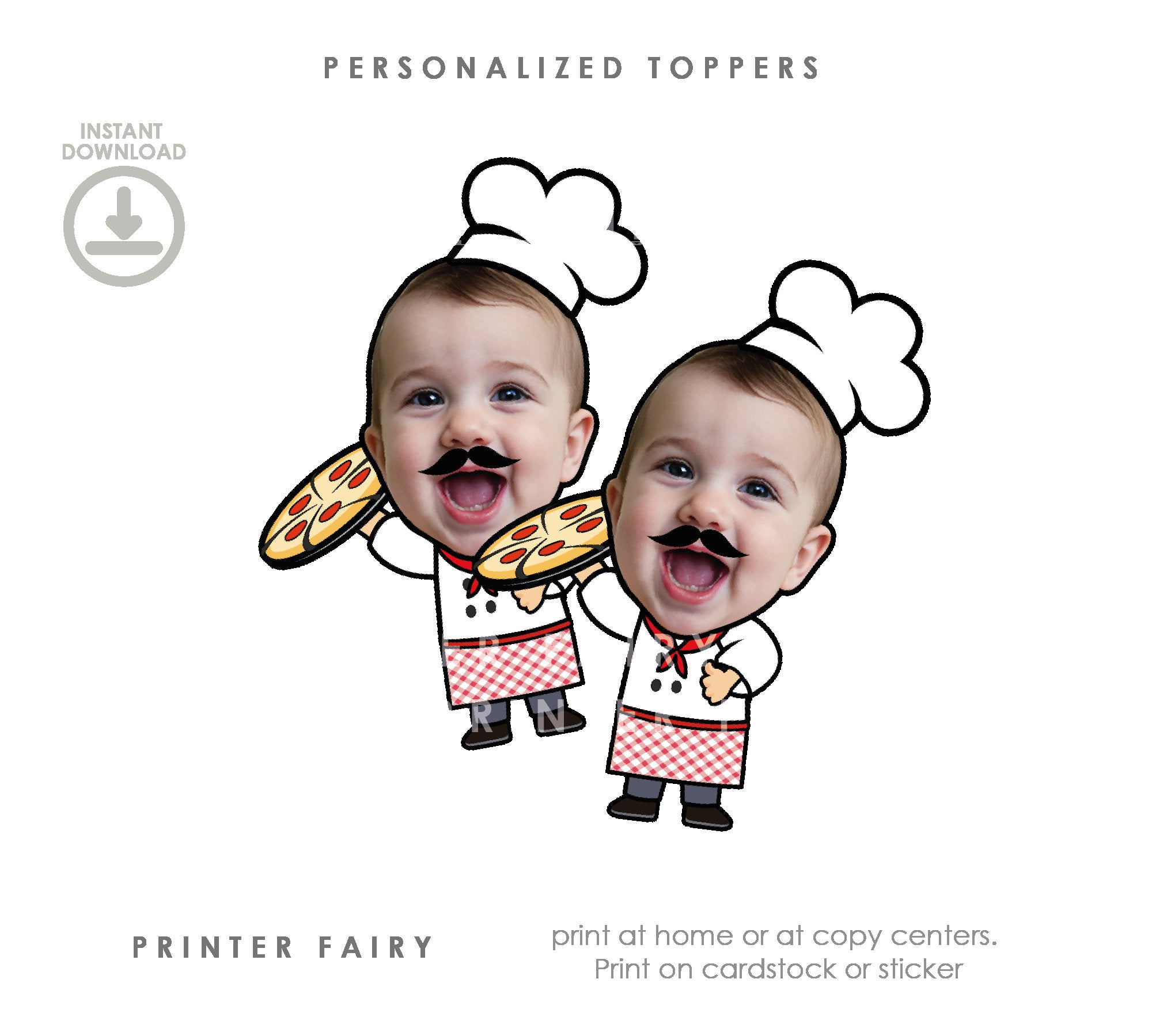 Personalized Pizza Party Toppers, Chef Birthday Stickers (Digital File)