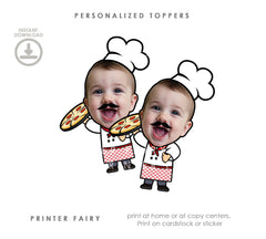 Personalized Pizza Party Toppers, Chef Birthday Stickers (Digital File)
