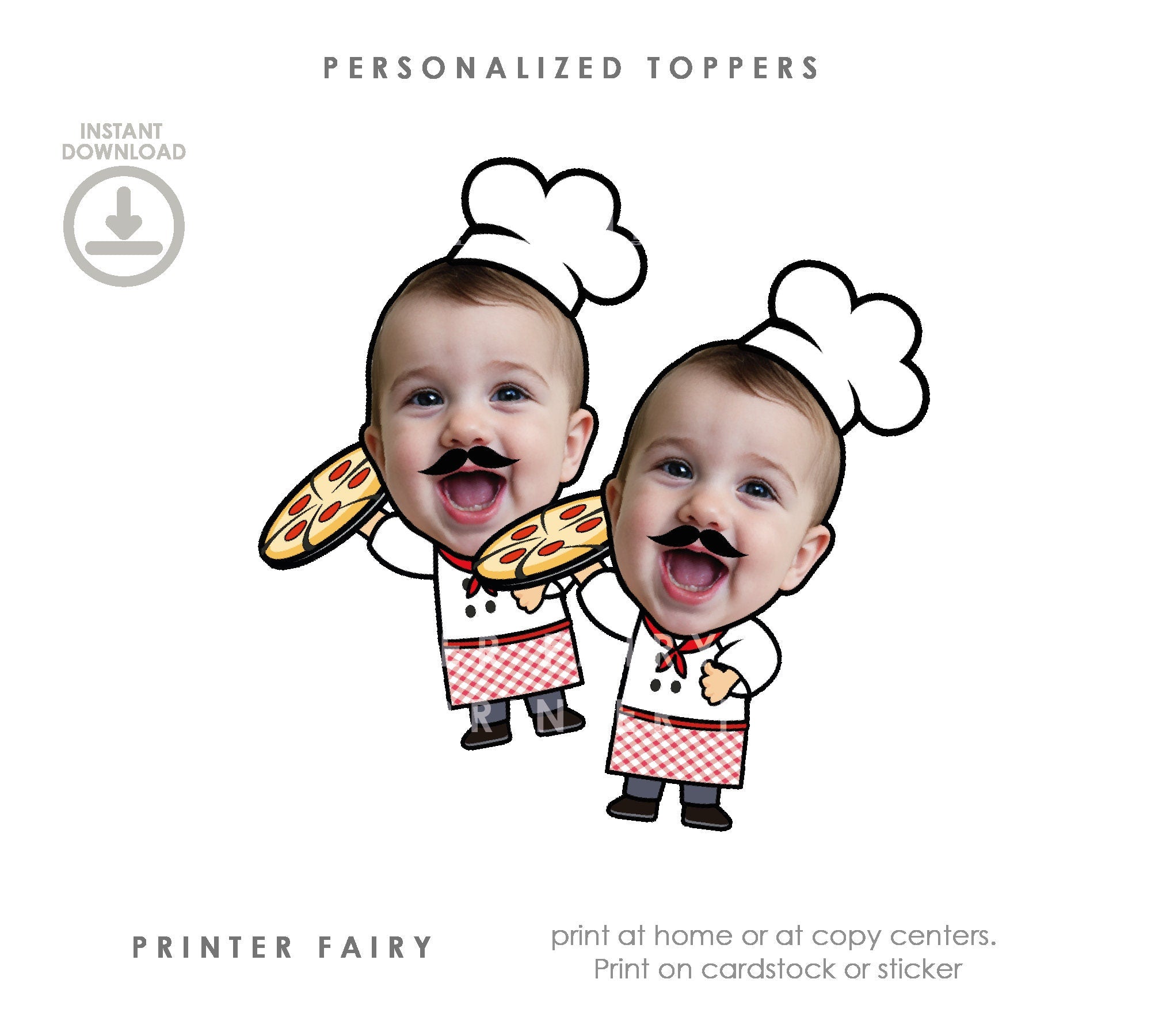 Personalized Pizza Party Toppers, Chef Birthday Stickers (Digital File)