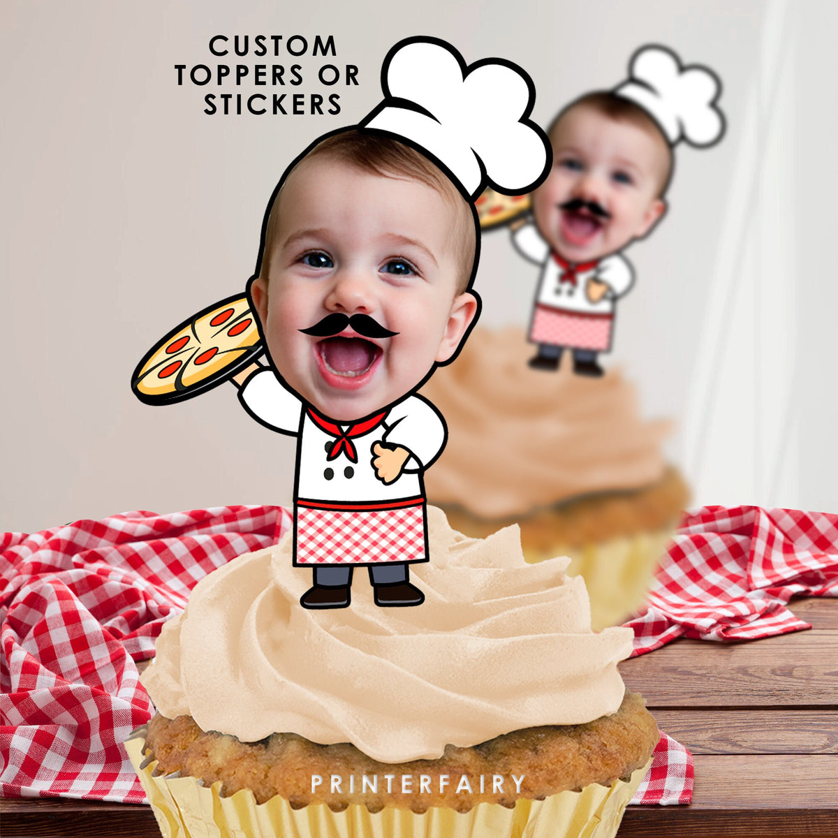 Personalized Pizza Party Toppers, Chef Birthday Stickers (Digital File)
