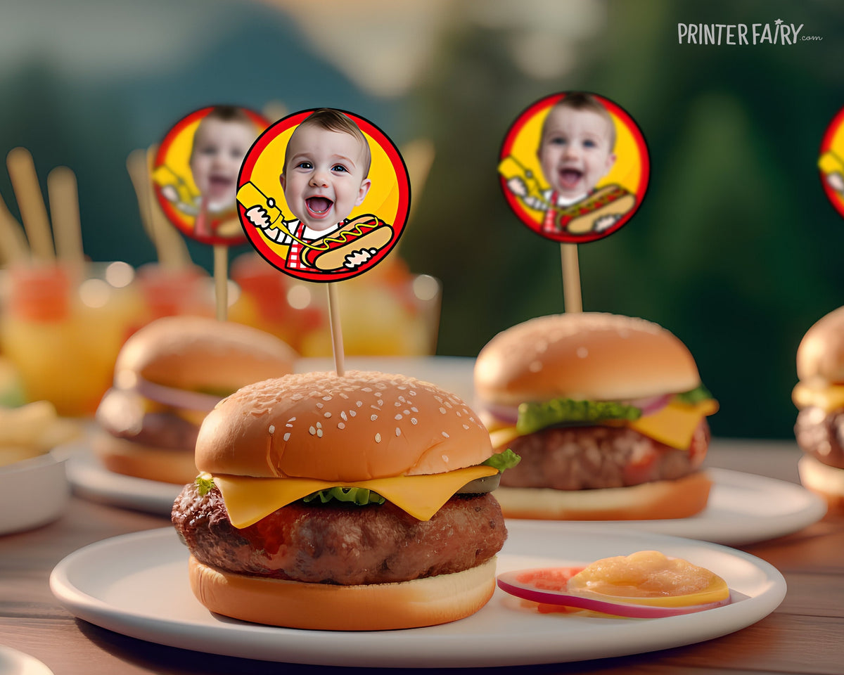 BBQ Birthday Party Toppers with Photo, Digital Printable Party Decorations, Instant Download