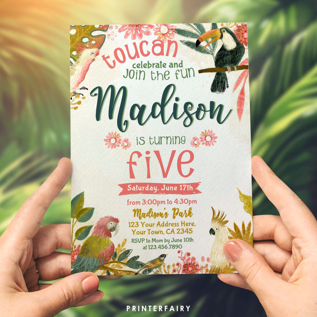 Tropical Birds Birthday Invitation, Luau Party (EDITABLE, Instant Download)