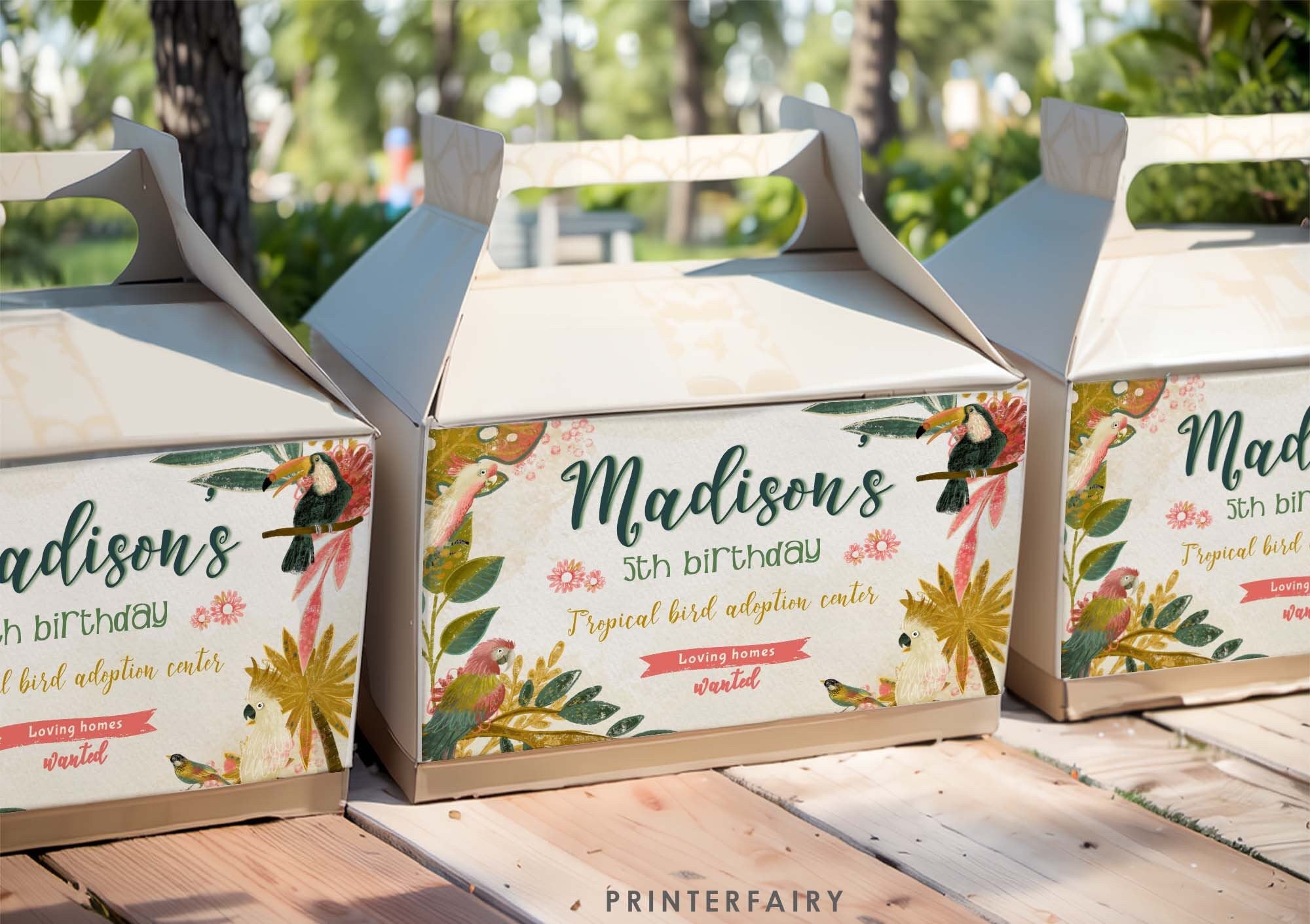 Tropical Bird Birthday Favor Box Label, Editable (Instant Download)